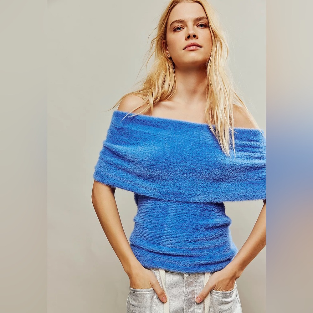 NWT FREE PEOPLE FP One Jada Off The Shoulder Fuzzy Sweater Blue Small Boho Soft
